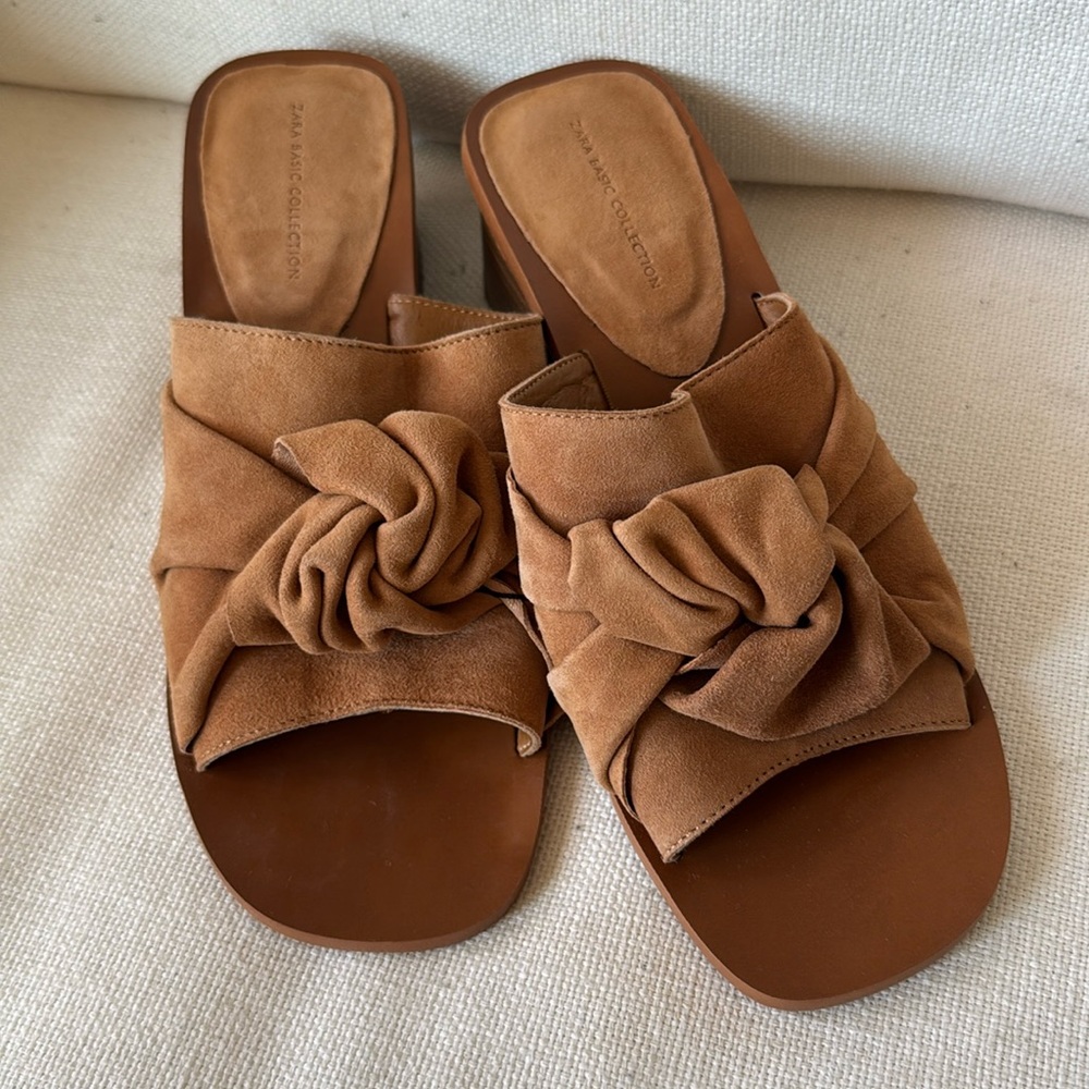 Zara Women's Brown Leather Mules with Knot Detail